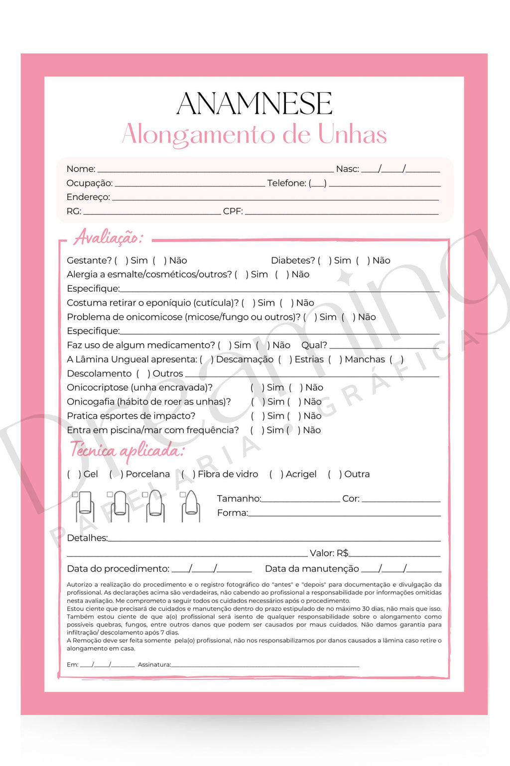 Ficha de anamnese alongamento de unhas