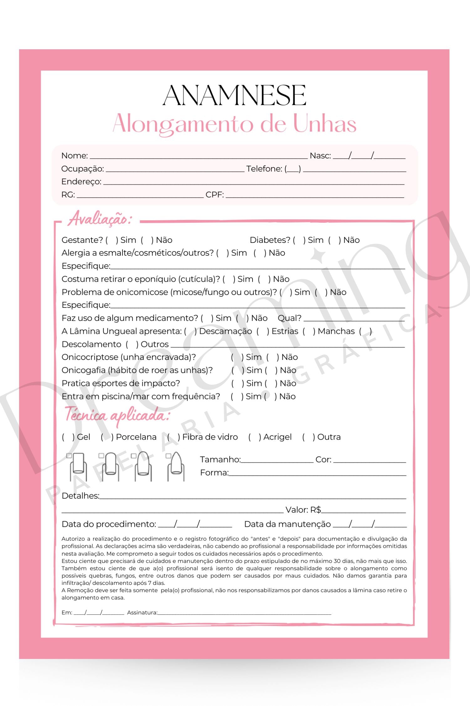 Ficha de anamnese alongamento de unhas