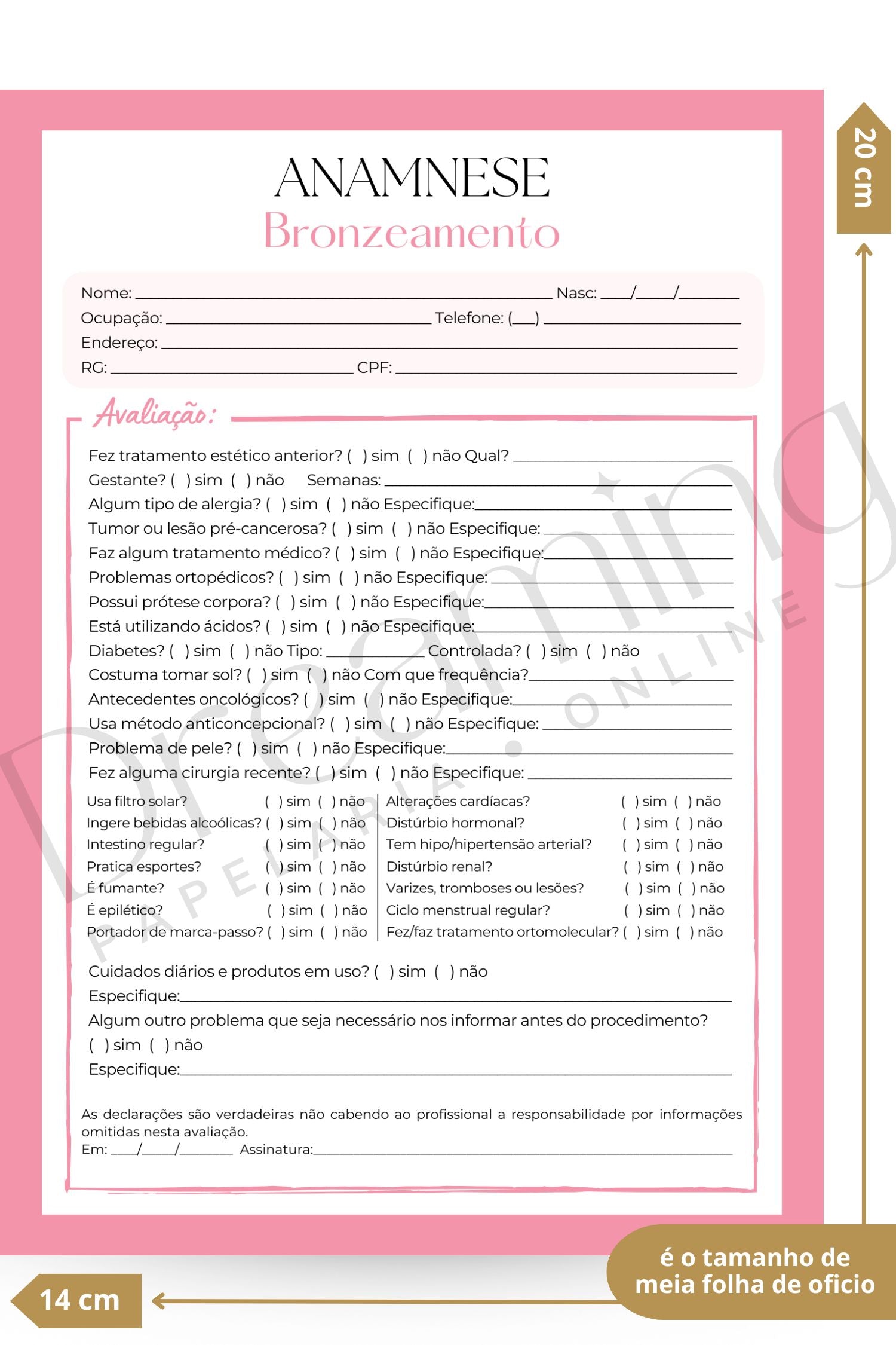 Ficha de anamnese bronzeamento