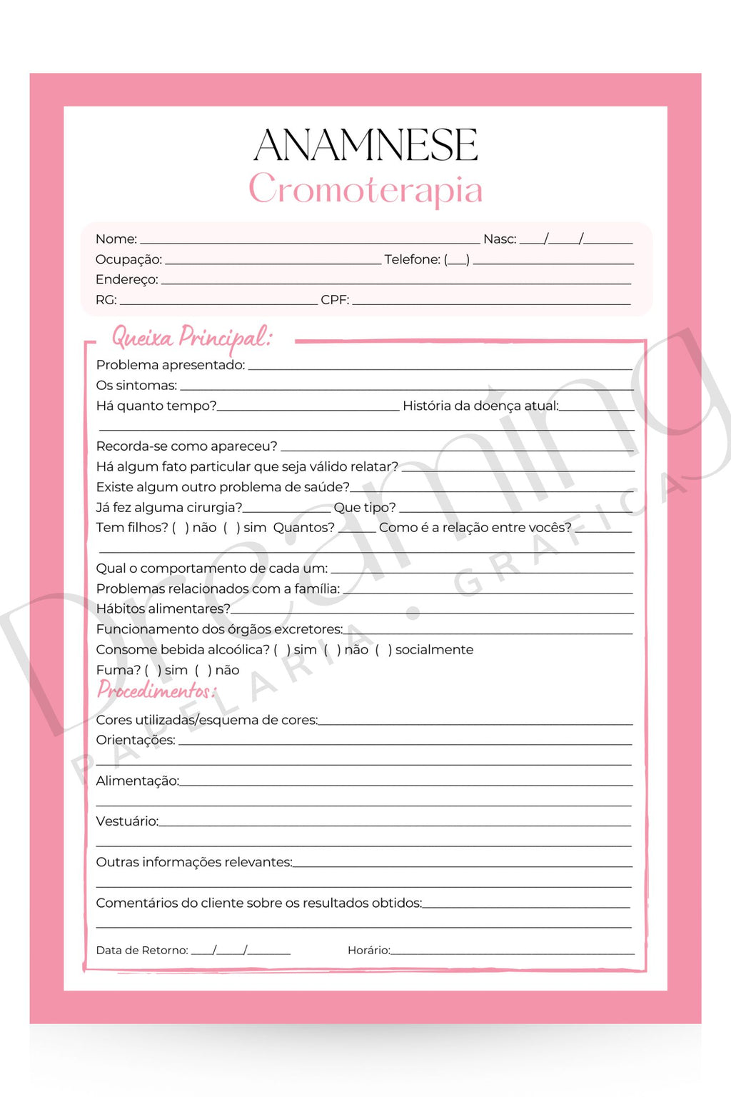 Ficha de anamnese cromoterapia