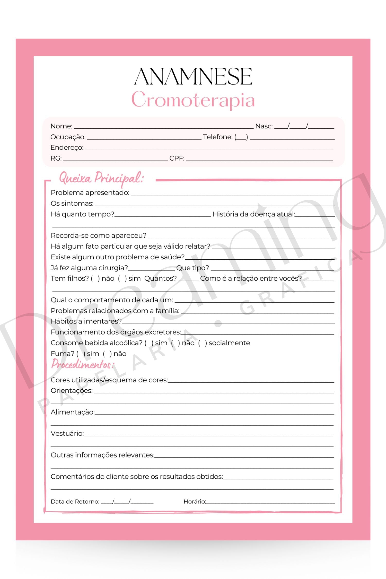 Ficha de anamnese cromoterapia