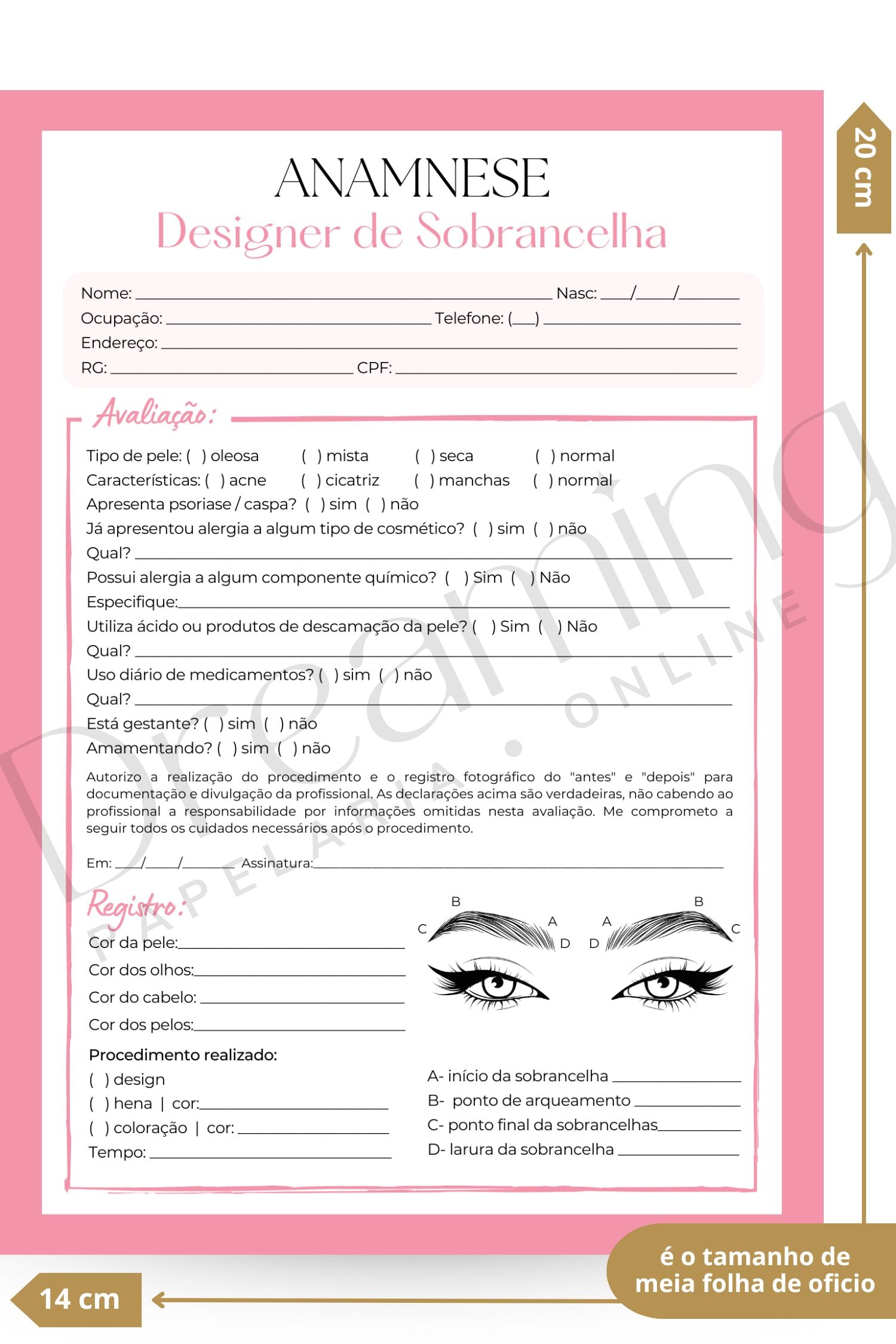 Ficha de anamnese design de sobrancelhas