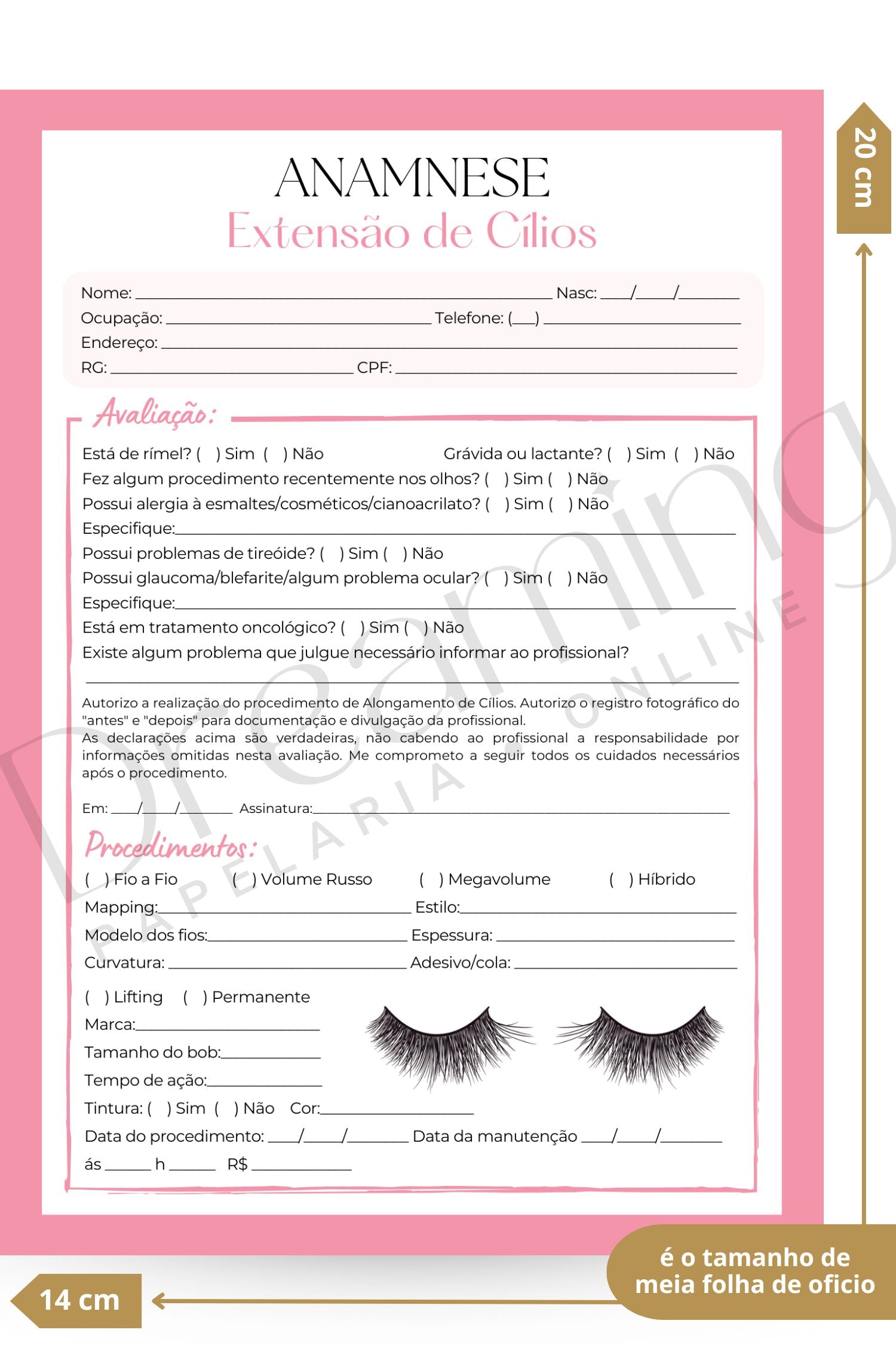 Ficha de anamnese extensão de cílios