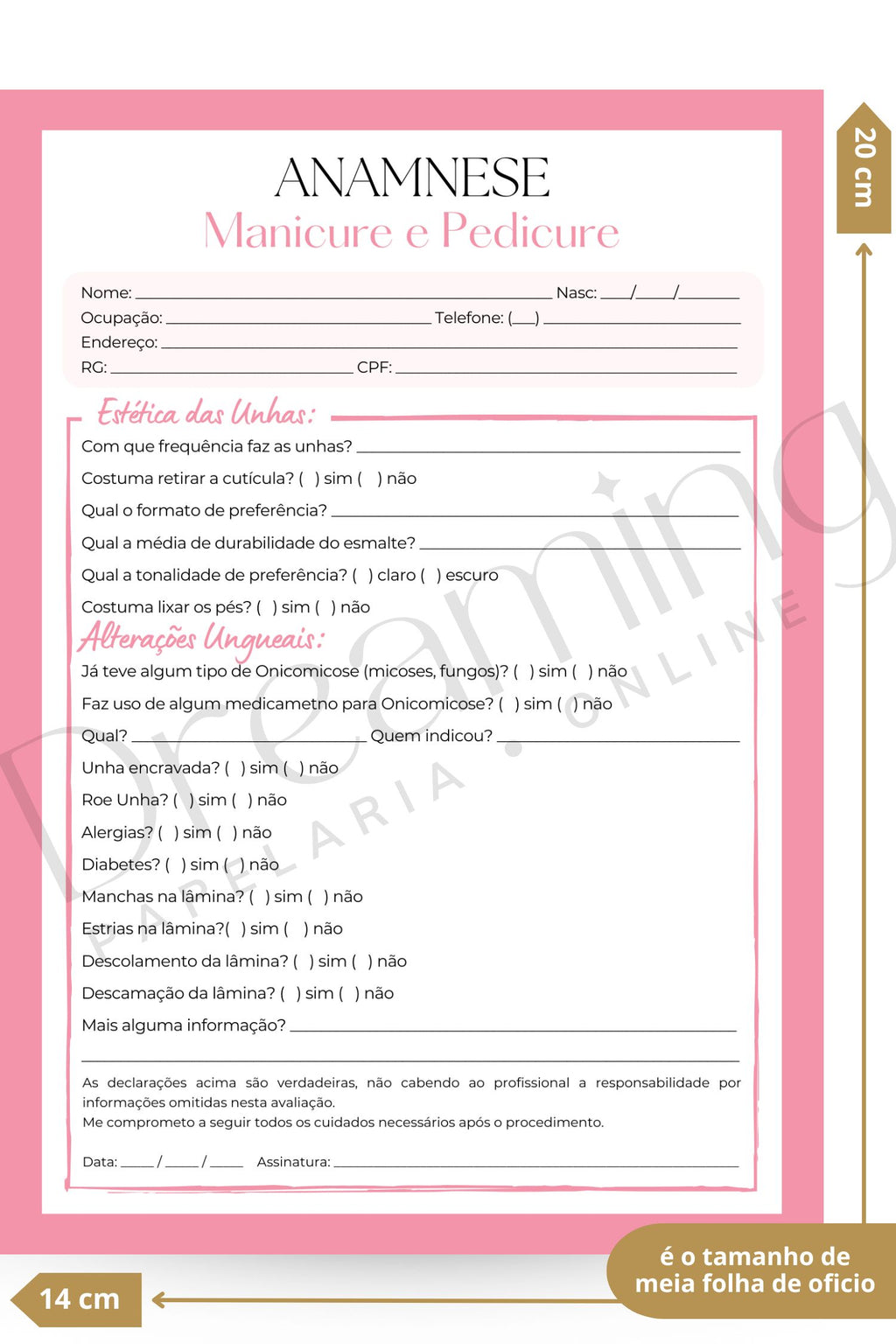 Ficha de anamnese manicure e pedicure