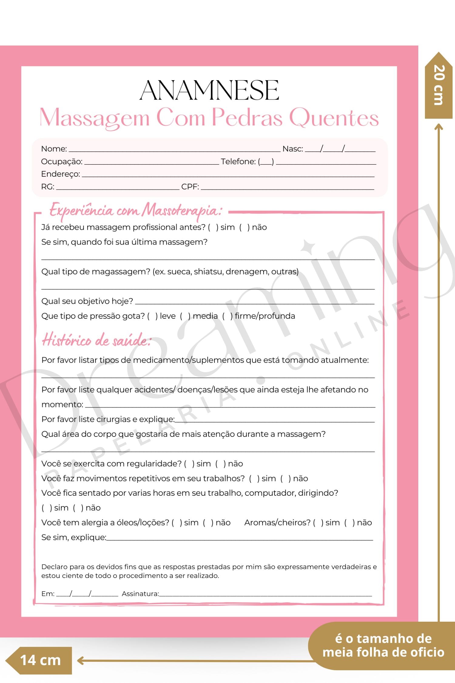 Ficha de anamnese massagem com pedras quentes