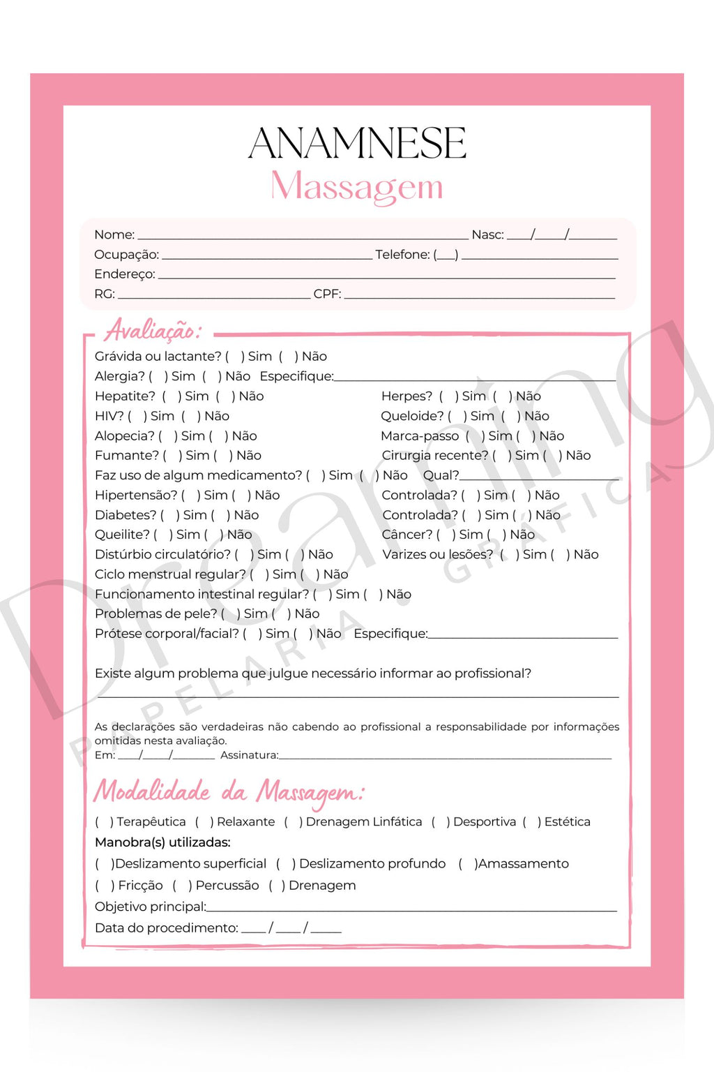 Ficha de anamnese massagem
