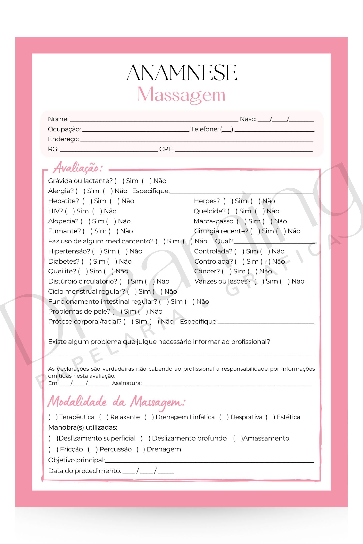 Ficha de anamnese massagem