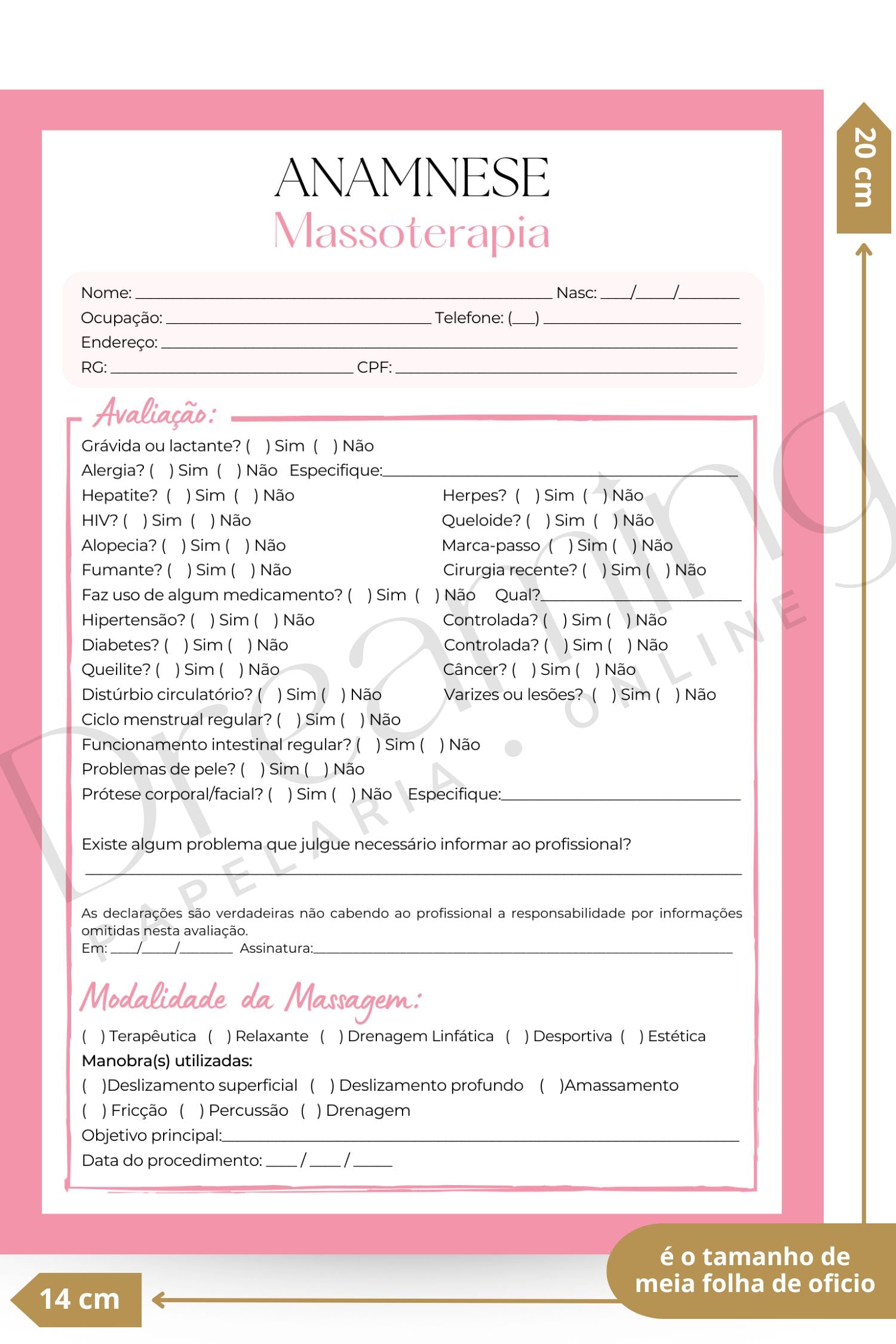 Ficha de anamnese massoterapia