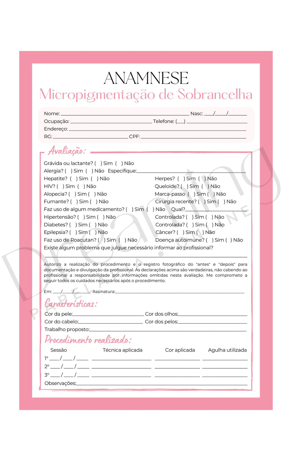 Ficha de anamnese micropigmentação de sobrancelha