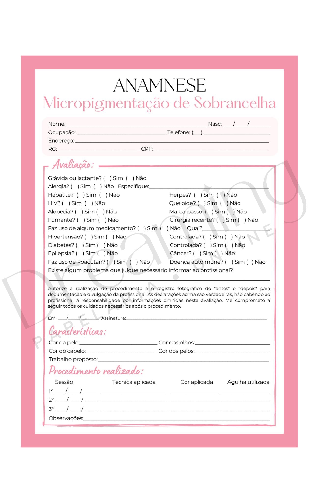 Ficha de anamnese micropigmentação de sobrancelha