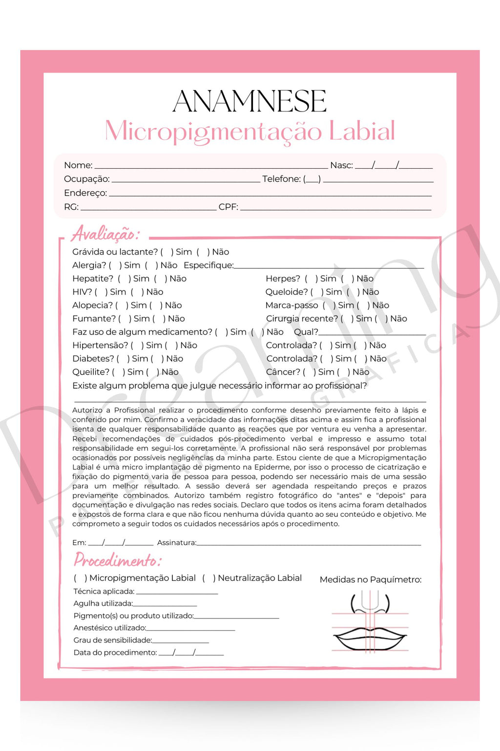 Ficha de anamnese micropigmentação labial