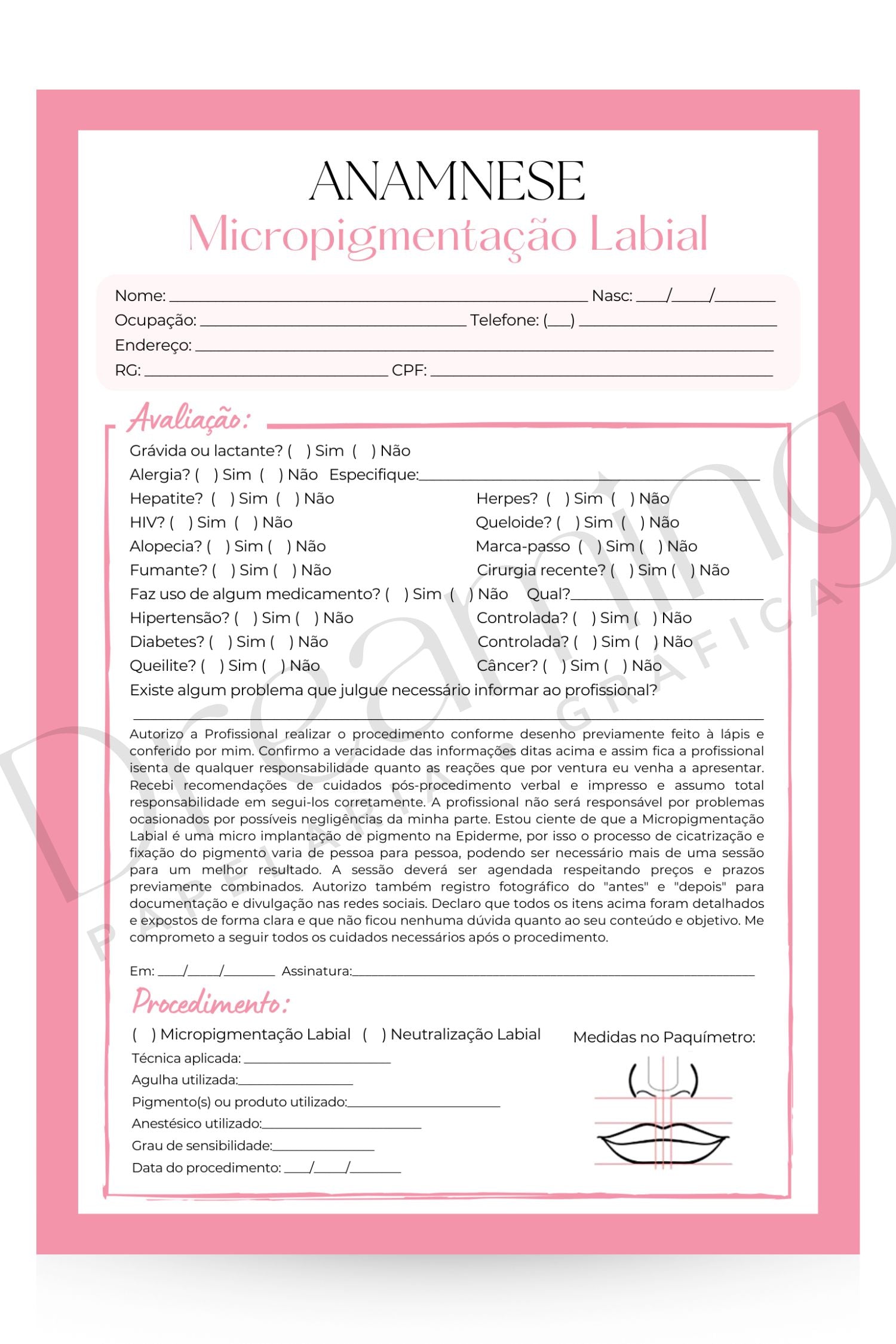 Ficha de anamnese micropigmentação labial