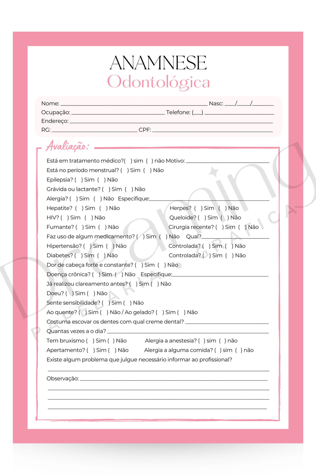 Ficha de anamnese odontológica