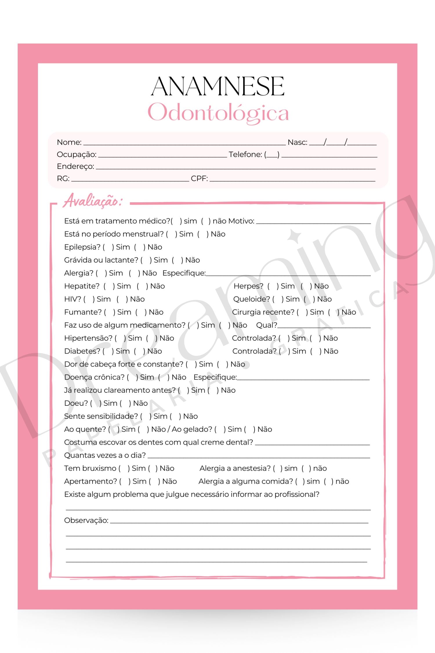 Ficha de anamnese odontológica