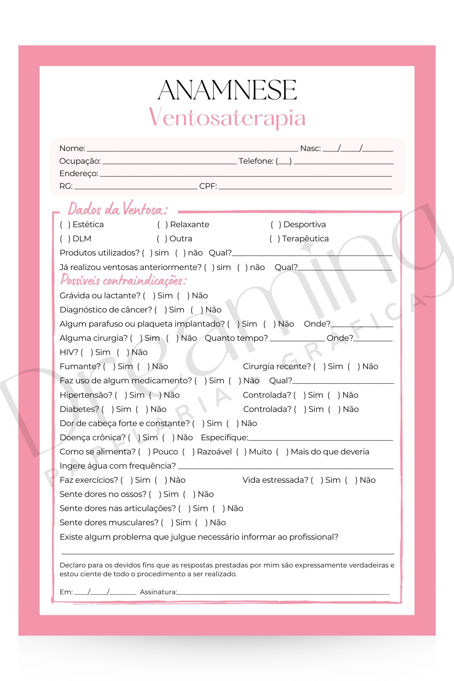 Ficha de anamnese ventosaterapia