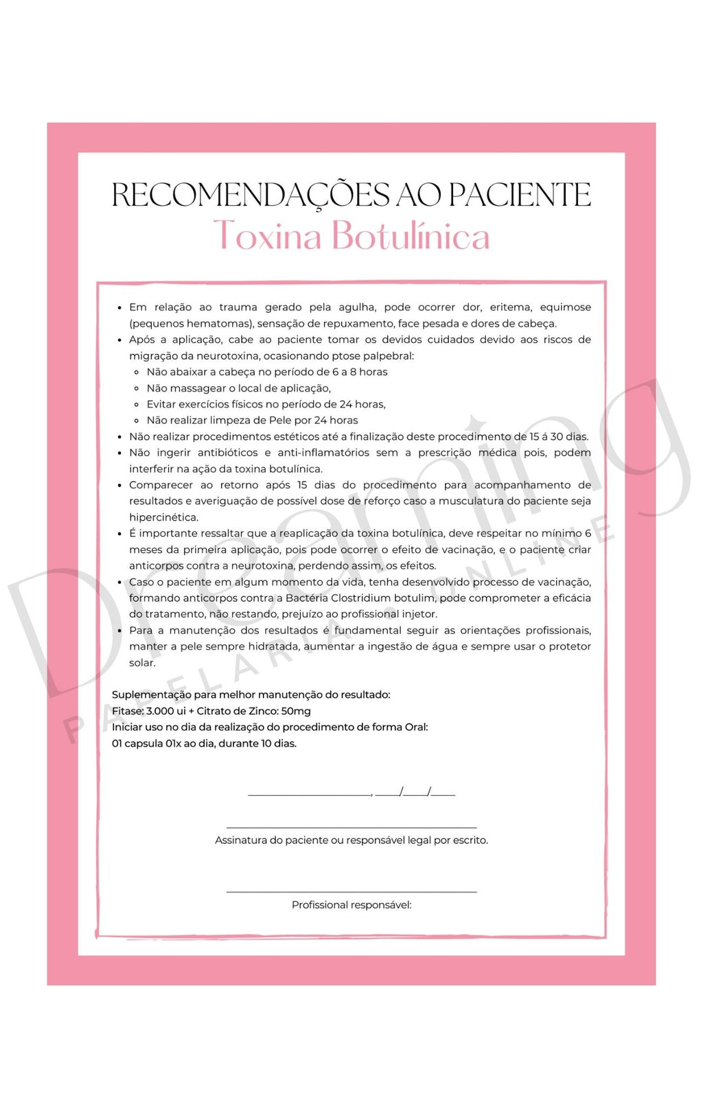 Recomendações ao paciente toxina botulínica